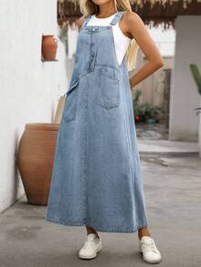EMERY ROSE New Loose Distressed Denim Camisole Jumpsuit Dress - Medium Wash - View 6
