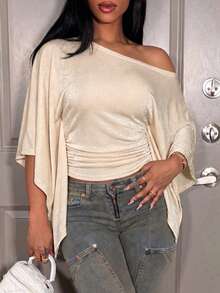Lumalex Women's Asymmetrical Shoulde Batwing Sleeve Fashion Elegant Top Decoration Body-Contouring Draped Bodice For Summer Date,Vacation,Party & Weddings - Apricot - View 4