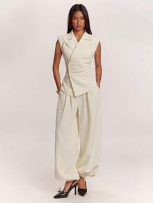 SHEIN BAE Women's White Casual Business Casual Elegant Commute Wide Shoulder Cinched Waist Ruched Sleeveless Top Long Lantern Pants 2-Piece Set Office Summer - Apricot - View 1