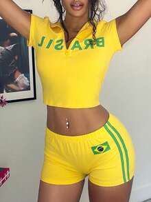 Jeanoix Summer Casual Sexy Streatwear Letter Print Cropped T-Shirt And Shorts 2pcs Set Gym Green And Yellow Lounge - Light Yellow - View 1