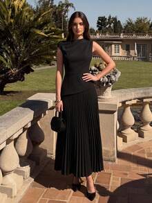 Enchnt Damen Einfarbiges Asymmetrisches Schulter Plissee Saum Elegantes Kleid - Schwarz - Übersicht 2