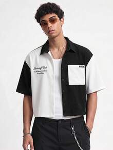 NORVETH Camisa de moda para hombre de primavera/verano con parche de letras, color de contraste, manga corta, abotonadura sencilla y bolsillo - Blanco y Negro - Ver 3