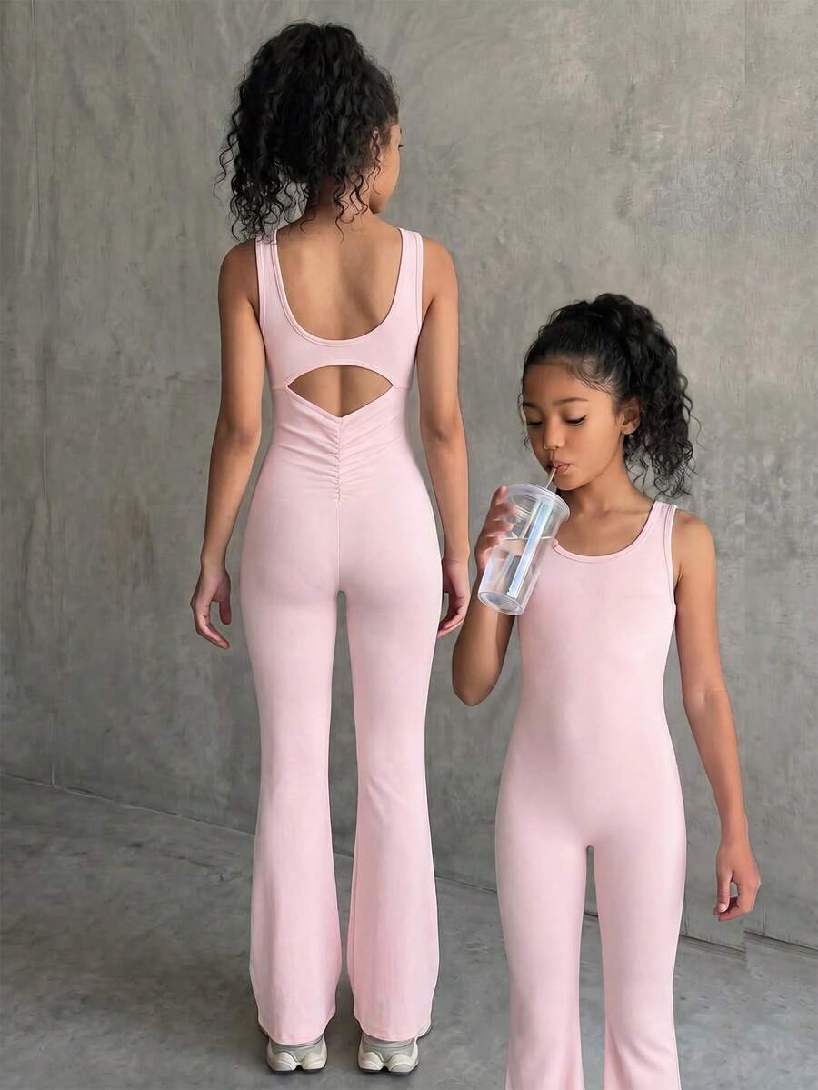 SHEIN Tween女孩休閒極簡舒適素色露背無袖連身褲 - 卡其色 - 查看 1