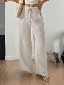 SHEIN Tall CURVE Damen Große Größen einfarbige Leinen Kordelzug Weites Bein Taschen Strukturierte Lässig Hose, Vintage Stil Locker Sitzende Leinen Hose, Sommer Strand Urlaub Hose, Cargohose - Aprikosenfarben - Übersicht 8