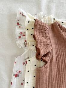 SHEIN Vintaside Kids 女嬰 6件/3套田園復古花卉與圓點圖案棕色圓領荷葉袖上衣搭配印花短褲套裝，適合日常穿著、外出、度假、春夏季 - 彩色 - 查看 5