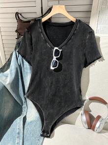 Comfortcana Plus Size Summer Casual Washed Fitted Bodysuit - Black - View 3