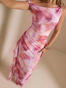 SHEIN BAE 女款紮染不對稱肩褶皺修身優雅洋裝 - 粉色 - 查看 5
