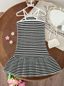 SHEIN Elladie kids 少女 YK2 夏季韓系新時尚甜美細肩帶露背彩虹條紋可愛度假洋裝 - 黑色 - 查看 3