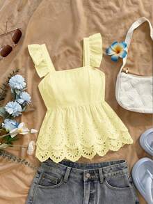 SHEIN MOD Women's Sweet Fashion Lace Multi-Layer Hem Elegant Blouse - Light Yellow - View 2