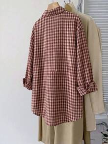 Comfylo Plus Size Women's Plaid Casual Versatile Daily Outing Shirt - Burgundy - View 2