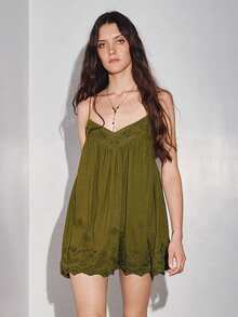 MOTF PREMIUM VACATION LINEN EMBROIDERED LOOSE SHORT DRESS, SPRING/SUMMER - Olive Green - View 11