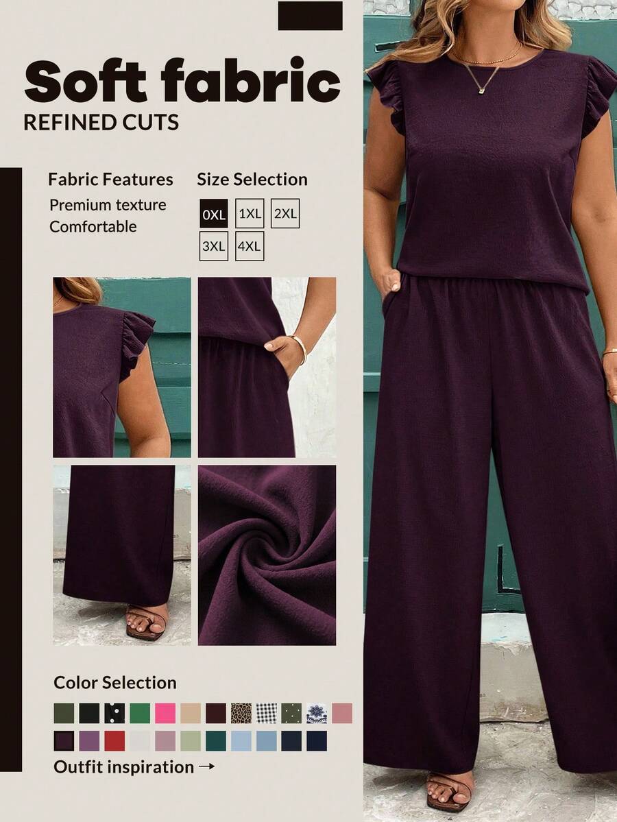 SHEIN Clasi 2pcs Women Plus Size Dark Purple Set,Autumn Smart Casual Everyday Ruched Shirt & Wide Leg Elastic Waist Pants,Elegant Outfit Matching Two Pieces Sets - Purple - View 1