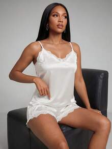 Silforma Lace Trim Satin Cami Top & Shorts Pajama Set White Set - White - View 5
