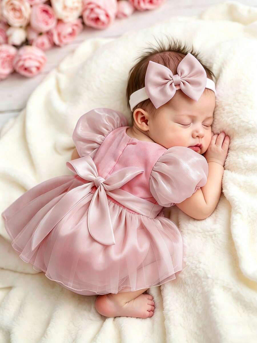 SHEIN 新生女嬰連身裙配蝴蝶結髮帶 0-3個月 嬰兒攝影服裝 春夏婚禮泳池派對 灰粉色 可愛俏皮 - 紅色 - 查看 1