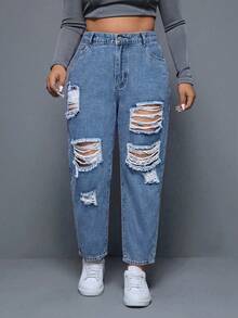 SHEIN ICON Plus Size Women's Casual Versatile Daily Wear Denim Jeans With Pocket, Button And Distressed Design - Light Wash - View 1