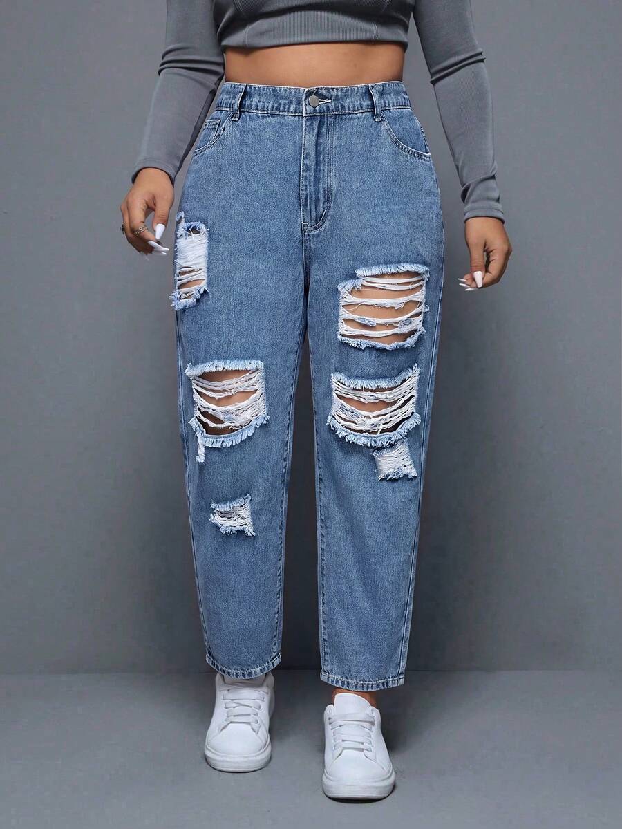 SHEIN ICON Plus Size Women's Casual Versatile Daily Wear Denim Jeans With Pocket, Button And Distressed Design - Light Wash - View 1