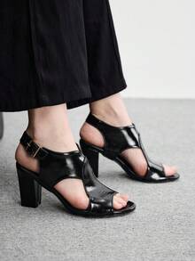 CUCCOO BIZCHIC 復古黑色粗跟鏤空羅馬高跟涼鞋，細高跟露趾女鞋 - 黑色 - 查看 8