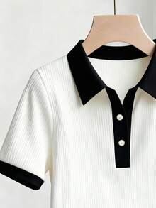 Franclia Women's Casual Elegant Solid Color T-Shirt - Black and White - View 4