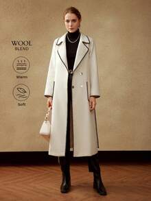 MOTF PREMIUM BELTED WOOL-BLEND CONTRAST STITCH COAT - Beige - View 2