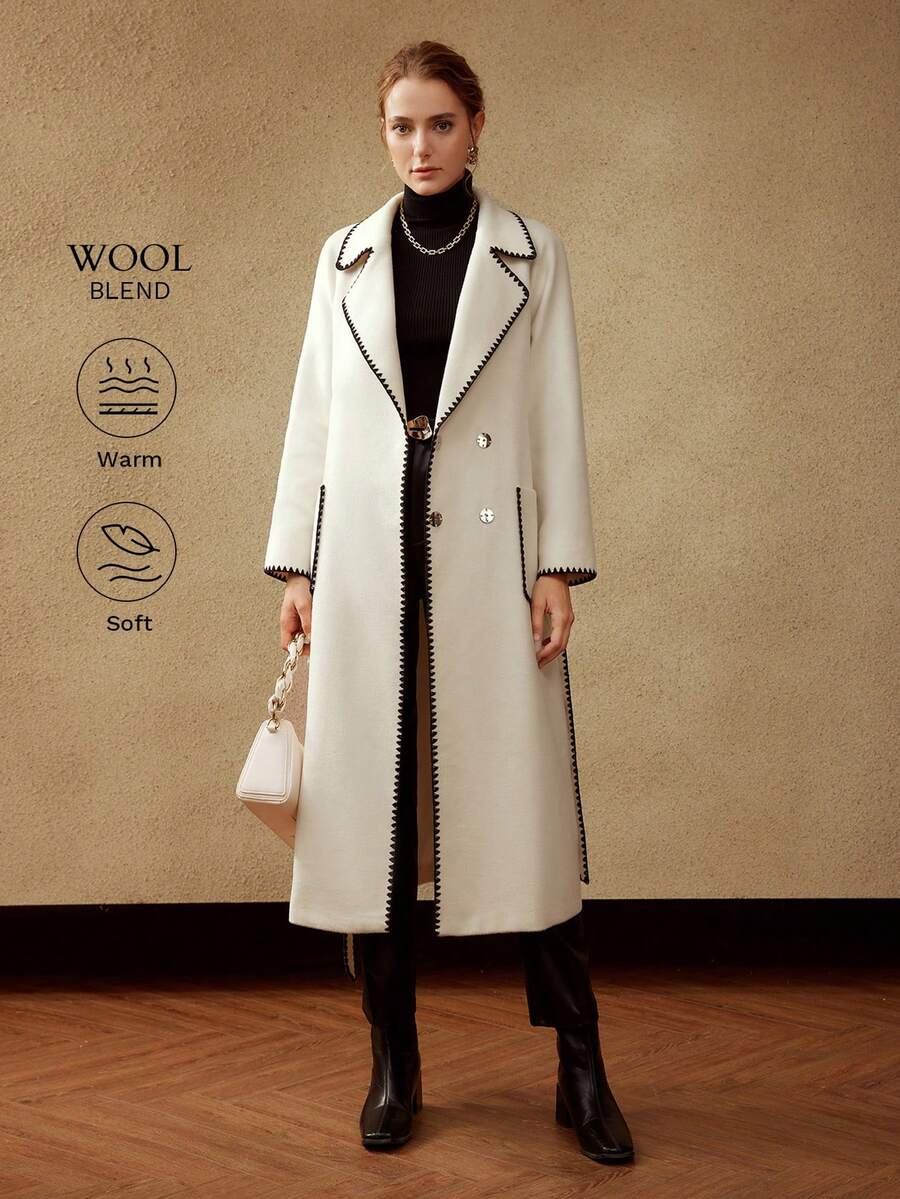 MOTF PREMIUM BELTED WOOL-BLEND CONTRAST STITCH COAT