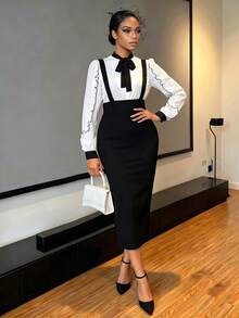 SHEIN Lady Slit Back Pencil Dress With Strap Elegant - Black - View 8