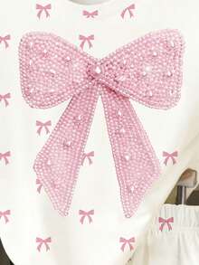 Girls Fresh Fashion Crisp White Base Pink Textured Bow Pattern Print Basic Short T-Shirt And Shorts Set - Multicolor - View 5