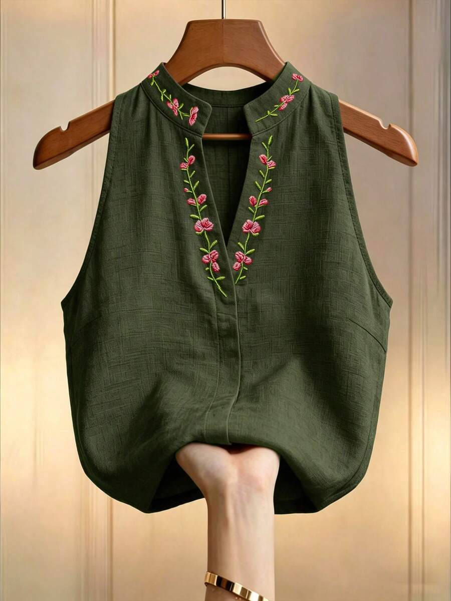 Elouméa 女款花卉刺繡立領無袖上衣,夏季優雅通勤穿搭 - 綠色 - 查看 1