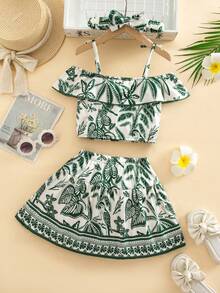 SHEIN Playful Pals 夏季女孩百搭時尚度假風花卉印花荷葉邊上衣 & A字裙 2件套 - 綠色 - 查看 6