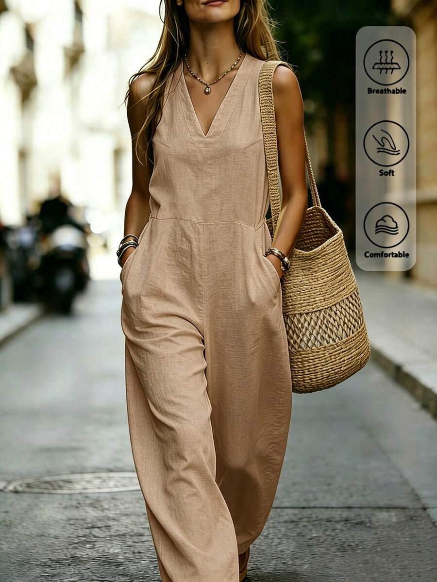 SHEIN Holidaya Damen Sommer ärmelloser V-Ausschnitt Leinen Jumpsuit, lockerer weiter Bein lässiger Jumpsuit, französischer lässiger Urlaubs-Jumpsuit - Khaki - Übersicht 1