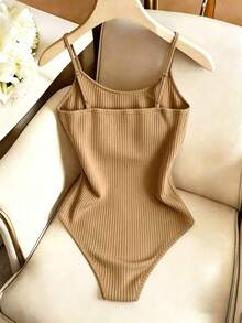 SHEIN Franclia Summer Casual Solid Color Spaghetti Strap Bodysuit - Camel - View 2