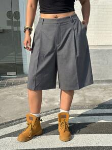 Muchica Plus Size Women's Solid Color Casual Versatile Daily Outing Shorts - Dark Grey - View 3