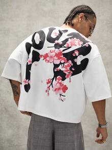 PAVTROS Camiseta de hombre joven estilo streetwear con estampado de flores de cerezo acolchado, para vacaciones - Blanco - Ver 1