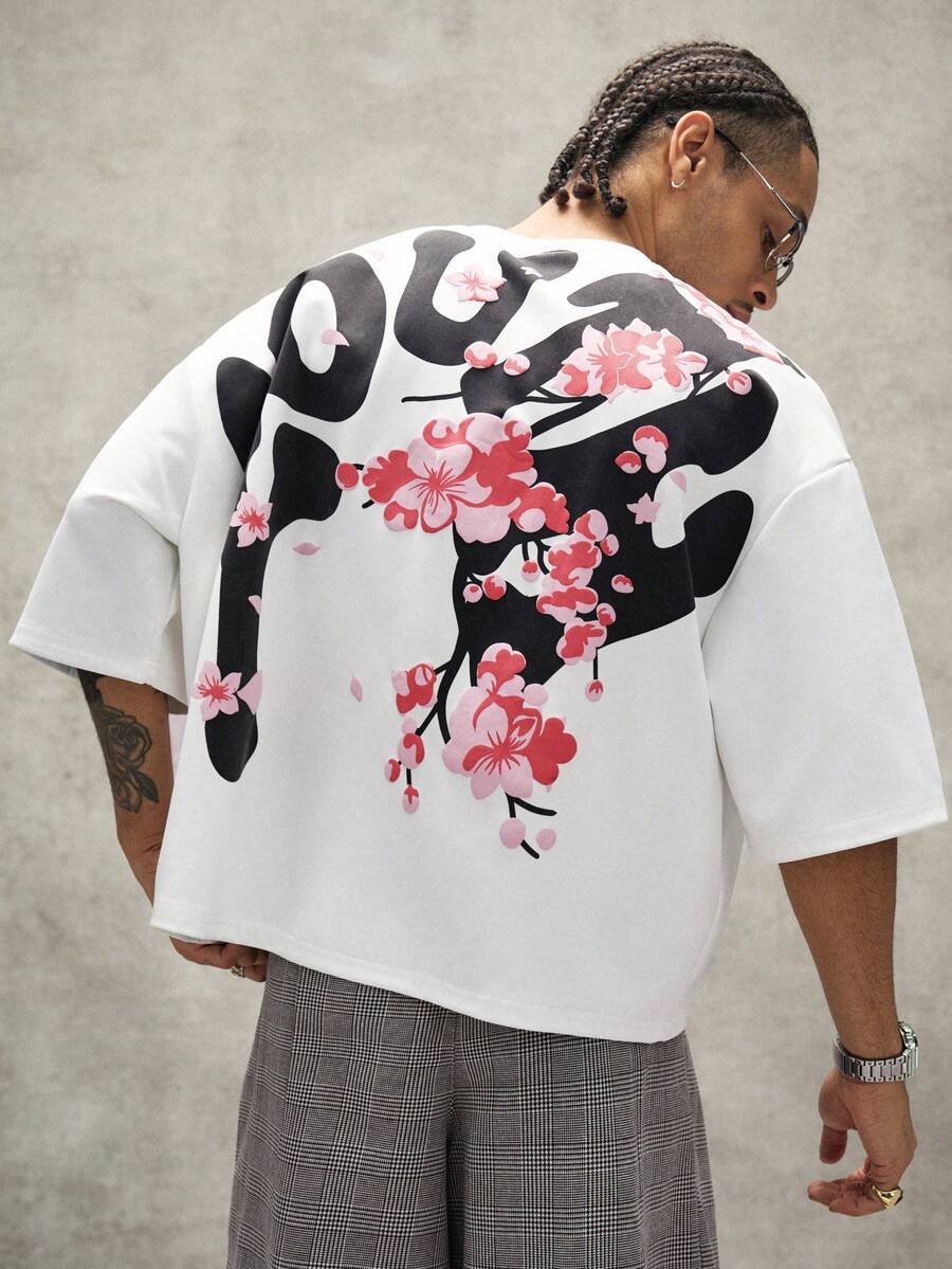 PAVTROS Camiseta de hombre joven estilo streetwear con estampado de flores de cerezo acolchado, para vacaciones - Blanco - Ver 1