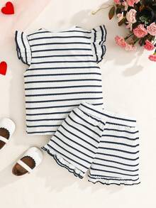 Elladie kids 女童條紋圓領荷葉袖T恤短褲休閒兩件組 - 黑與白 - 查看 4
