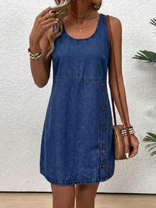 EMERY ROSE EMERY ROSE Vestido de mezclilla sin mangas casual de verano para mujer - Azul lavado oscuro - Ver 3