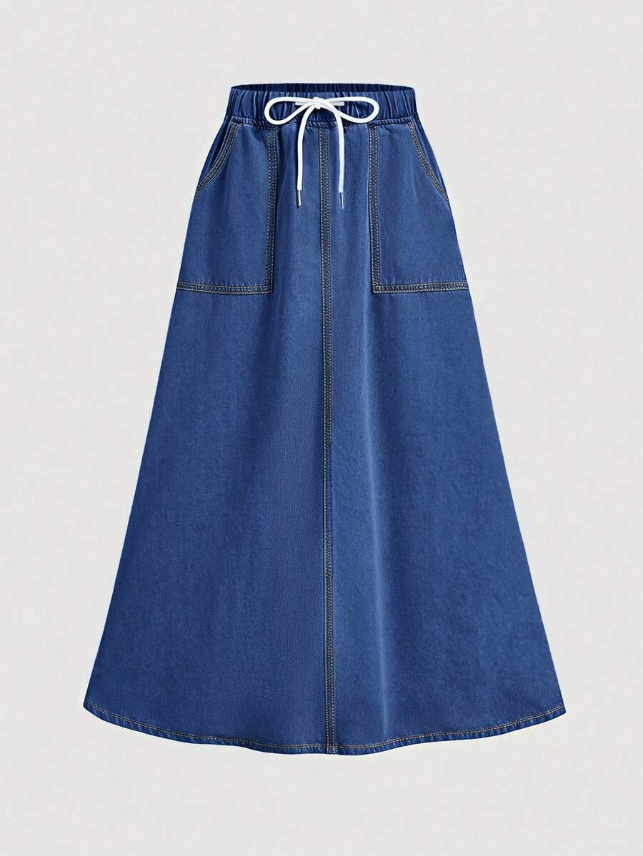 SHEIN MOD Jupe en jean évasée à taille cordée, poches en biais, style décontracté, vacances, quotidien, navette. Convient pour le printemps, l'été et l'automne - Jean brut - Voir 1