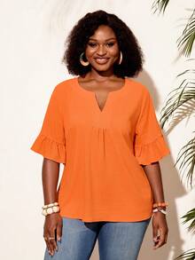 BrightlyHer Plus Size Women's Burnt Orange Notch V-Neck Ruffle Cuff Casual Traditional Shirt Summer Spring Clothing Beach Brunch Vacation Evening Outfits - Multicolor - View 5