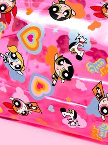 THE POWERPUFF GIRLS X SHEIN 1個大容量卡通角色圖案印花PVC材質化妝包，適合存放化妝品、文具、日常用品、數位產品，完美適用於通勤、上學、旅行，適合所有年齡層，適合學生，花卉、泡泡、毛茛、友誼、愛 - 彩色 - 查看 4