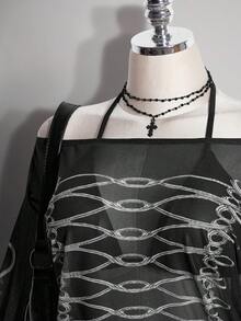 SHEIN ICON 大尺碼 Y2K 哥德風性感復古龐克鑰匙圖案雙排扣透視網紗寬開衩迷你洋裝 黑白配色 秋季健身房派對夜店電音節穿搭 - 黑色 - 查看 4