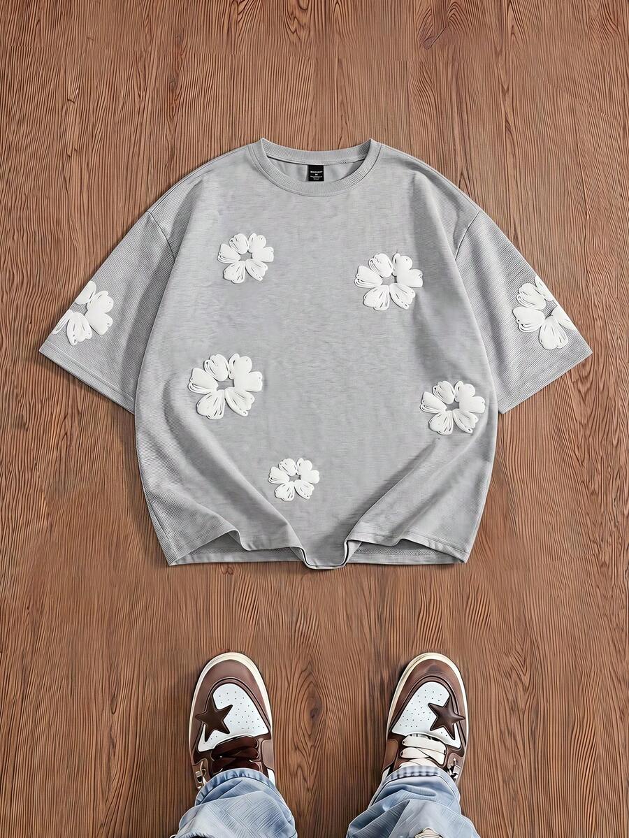 Manfinity BRENVOR Men's Floral Embossed Round Neck Short Sleeve Casual T-Shirt - Grey - View 1