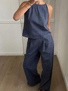 DAZY Women's Striped Tie-Up Shirt & Loose Fit Jeans Korean Style Set Petite - Blue - View 2