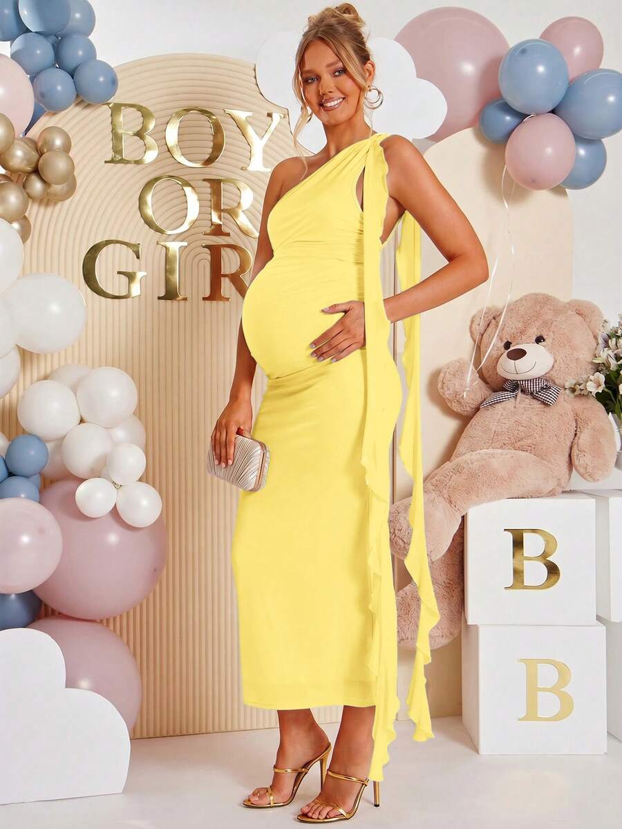 Loomaby Maternity Solid Color Asymmetric Neck Fitted Elegant Dress - Yellow - View 1