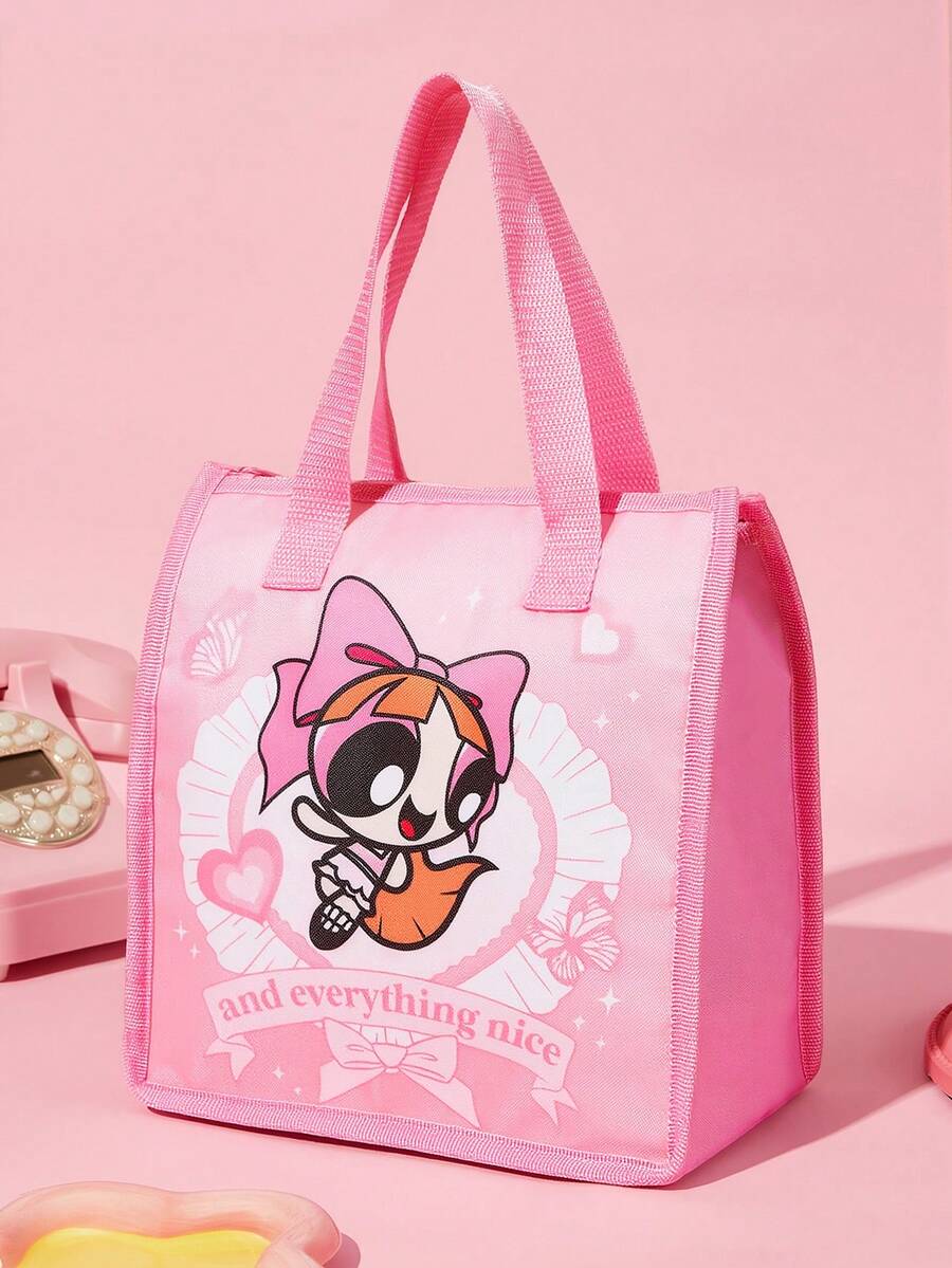 THE POWERPUFF GIRLS X SHEIN 1個印花保溫午餐袋,可保溫或保冷,野餐袋,大容量,可裝午餐盒與飲料,適用於野餐、露營、旅行、家庭使用,適合家庭、學生、友誼,花卉、氣泡、毛茛 - 淺粉色 - 查看 1