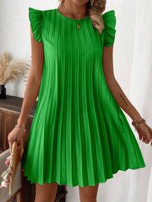 EMERY ROSE Women's Solid Color Round Neck Flutter Sleeve Pleated Casual Vacation Dress - Green - View 6