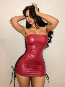 BamGleam Women's Sexy Faux Leather Lace-Up Strapless Short Summer Dress - Burgundy - View 3