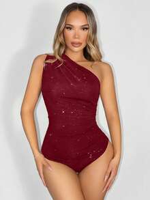 Sirith Solid Color Draped Asymmetric Collar Elegant Sleeveless Bodysuit - Burgundy - View 4