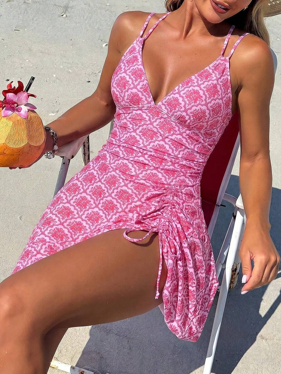 Swim Vcay 女款夏季海灘花卉印花抽繩交叉肩帶V領抓皺裙褲 性感度假泳裙 - 粉色 - 查看 1