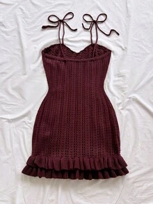 Soleia Vestido de suéter con cuello halter, doble volante y decoración de estrella de mar en color marrón, talla grande, adecuado para vacaciones, citas, tardes de té, playa, cruceros, vacaciones en la ciudad, temporada de bodas, festivales de música, vacaciones bohemias - Marrón - Ver 3