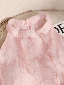 Selianne Women's Spring/Summer French Romantic Sicilian Exquisite Elegant Casual Commute Vacation Afternoon Tea Party Solid Color Textured Fabric Round Neck Stand Collar Front Ruffle Decor Sleeveless Vest Blouse - Baby Pink - View 3