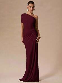 SHEIN BAE Spring/Summer Solid Color Asymmetrical Shoulder Burgundy Fitted Ruched Maxi Wrap Dress, Elegant Sexy Women's For Romantic Date Formal Official Party - Burgundy - View 5